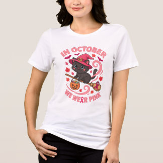 Söt Svart Katt Häxa I Oktober Vi Bär Rosa T Shirt