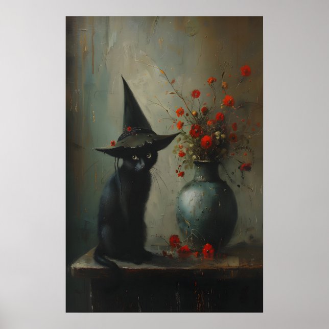 Söt Svart Katt Häxa Med Mörka Botaniska, Mörk Poster (Framsidan)