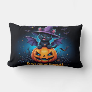 Söt svart katt häxa sittande på Jack O Lantern Lumbarkudde