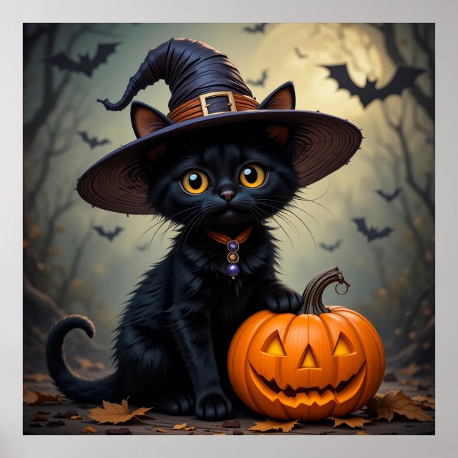 Söt svart katt häxhatt kuslig Halloween Poster (Framsidan)