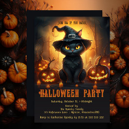 Söt svart katt häxhatt pumpa Halloween-fest Inbjudningar