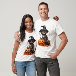 Söt svart katt häxhatt pumpa Halloween-kostym T Shirt