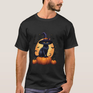 Söt svart katt häxhatt pumpa måne Halloween Pe T Shirt