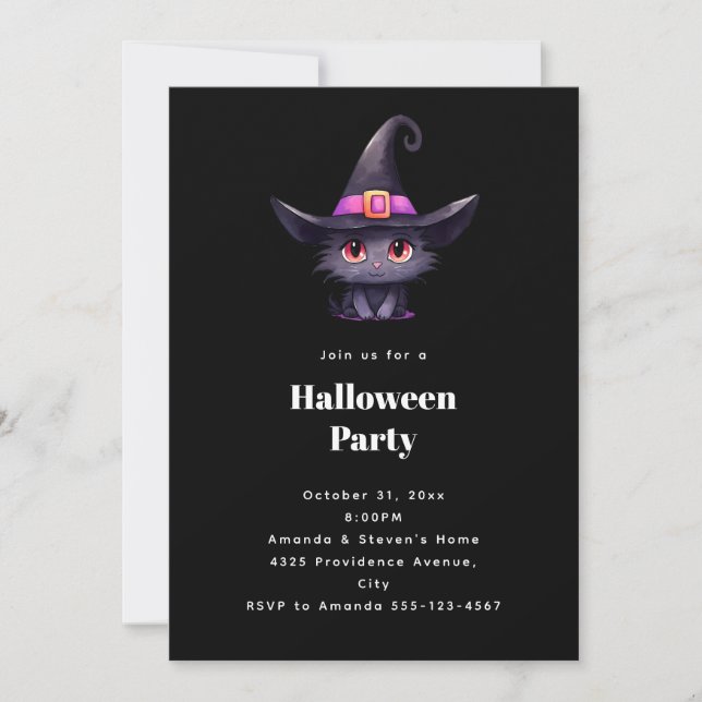 Söt svart katt i en häxhatt Halloween-fest Inbjudningar (Framsida)