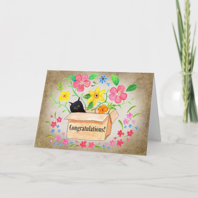 Söt svart katt i en låda Blommig gratulation Kort (Framsida)