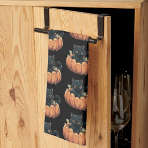 Söt svart katt i ett pumpmönster Halloween Kökshandduk
