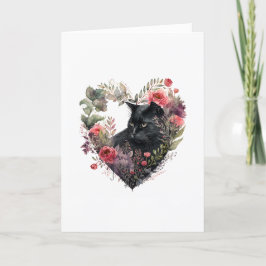Söt svart katt i Flower Heart Valentine Day Helgkort