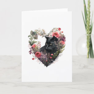 Söt svart katt i Flower Heart Valentine Day Helgkort