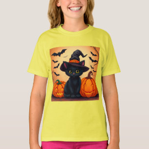 Söt svart katt i häxhatt omgiven av pumpor t shirt