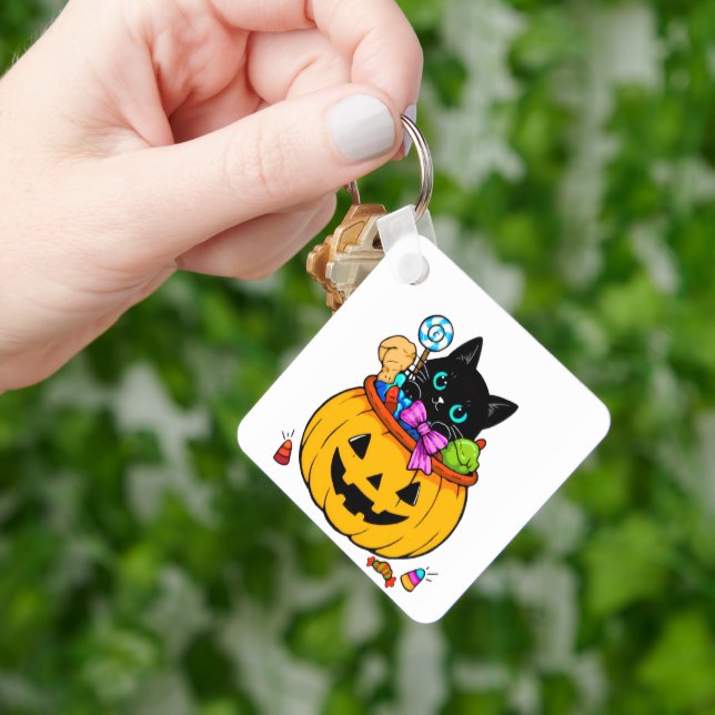 Söt svart katt i Jack-O'-Lantern pumpa Hallowee Nyckelring (Hand)
