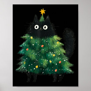 Söt svart katt i julgran Kattälskare Xmas jul Poster