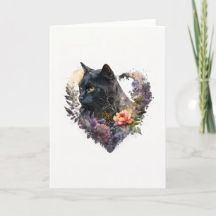 Söt svart katt i Lila blommor Alla hjärtans dag Helgkort