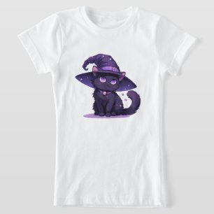 Söt svart katt i lila häxhatt Magi ✨ T Shirt
