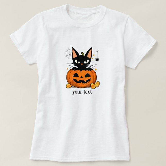 Söt svart katt i pumpa Halloween T Shirt (Design framsida)