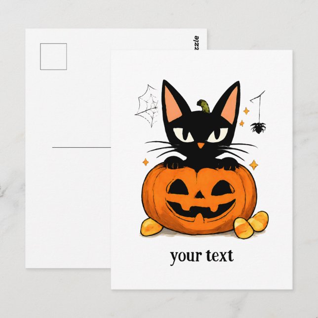 Söt svart katt i pumpa Halloween Vykort (Fram/baksida)