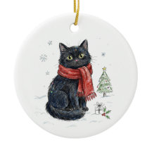 Söt svart katt i röd halsduk Julgran Vinter