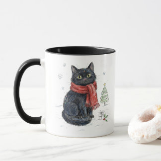 Söt svart katt i röd halsduk Julgran Vinter Mugg