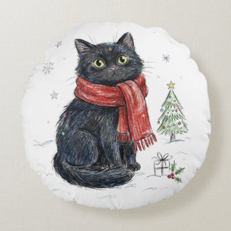 Söt svart katt i röd halsduk Julgran Vinter Rund Kudde