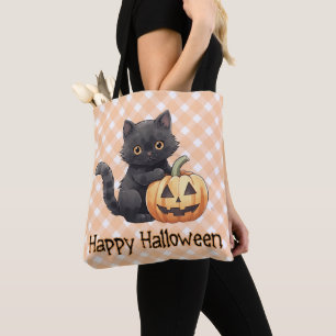 Söt svart katt & Jack-O'-Lantern Glad Halloween Tygkasse