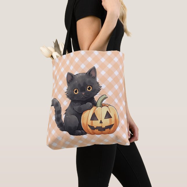 Söt svart katt & Jack-O'-Lantern Halloween Tygkasse (Närbild)