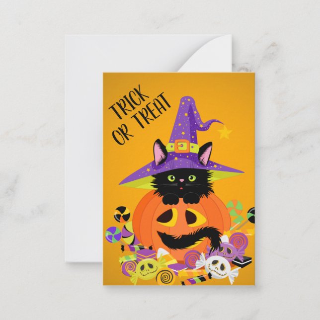 Söt svart katt Jack o Lantern hatt bus eller godis Anteckningskort (Framsida)