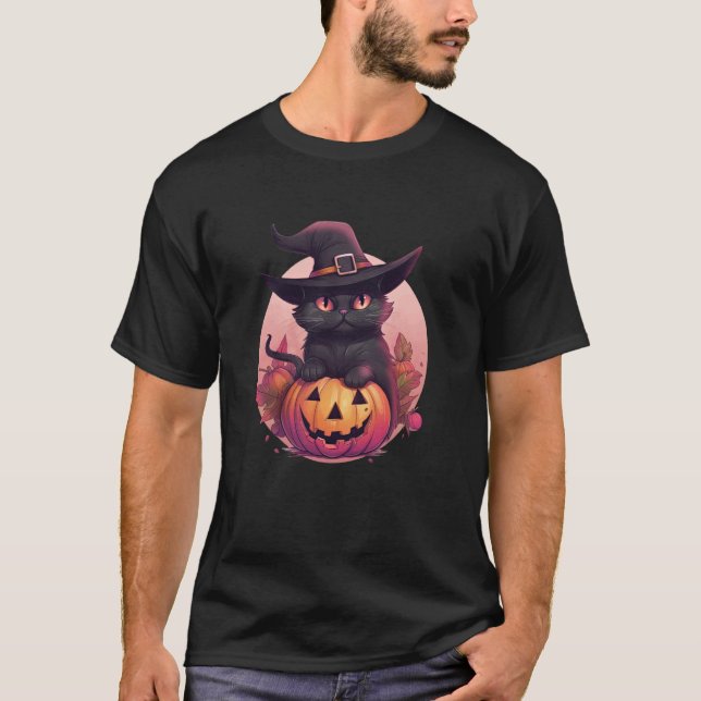 Söt svart katt Jack O'Lantern Pumpa Fullmåne Ha T Shirt (Framsida)