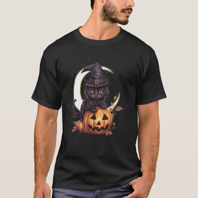 Söt svart katt Jack O'Lantern Pumpa Fullmåne Ha T Shirt (Framsida)