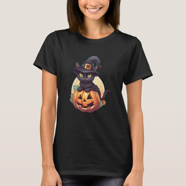 Söt svart katt Jack O'Lantern Pumpa Fullmåne Hallo T Shirt (Framsida)