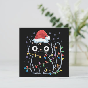 Söt svart katt jultomte julbelysning mjau kattunge julkort