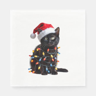Söt svart katt jultomte julbelysning mjau kattunge pappersservett