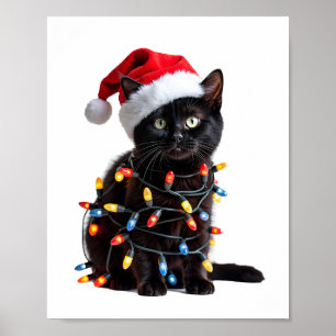 Söt svart katt jultomte julbelysning mjau kattunge poster