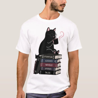 Söt Svart Katt Kaffe Böcker T-Shirt