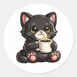 Söt Svart Katt Kaffe – Mysig Kawaii Katt Illustrat Runt Klistermärke