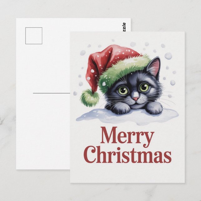 Söt svart katt kattunge jul vinter semester      vykort (Fram/baksida)
