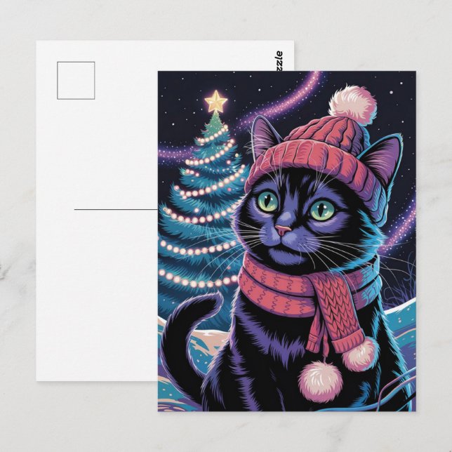 Söt svart katt kattunge jul vinter semester      vykort (Fram/baksida)