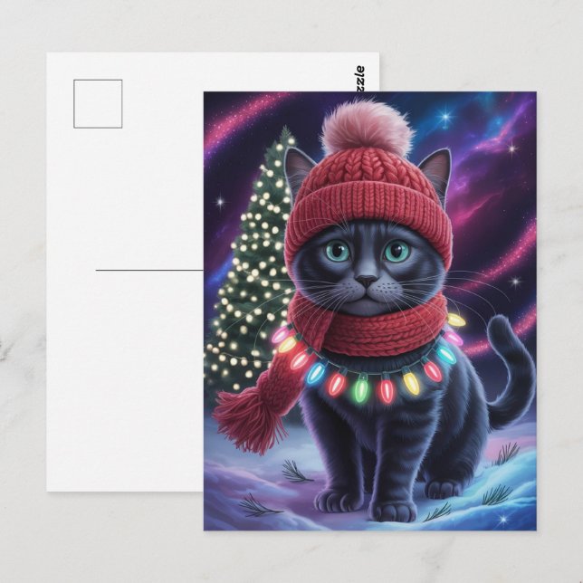 Söt svart katt kattunge jul vinter semester      vykort (Fram/baksida)