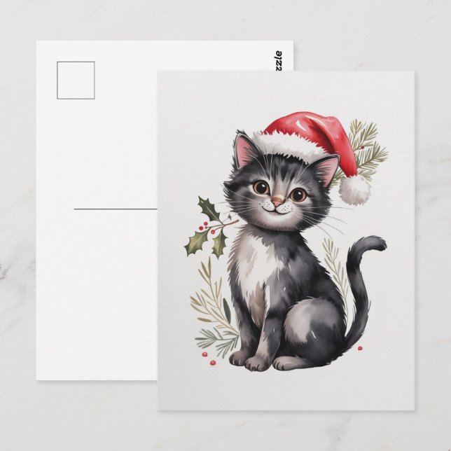 Söt svart katt kattunge jul vinter semester      vykort (Fram/baksida)