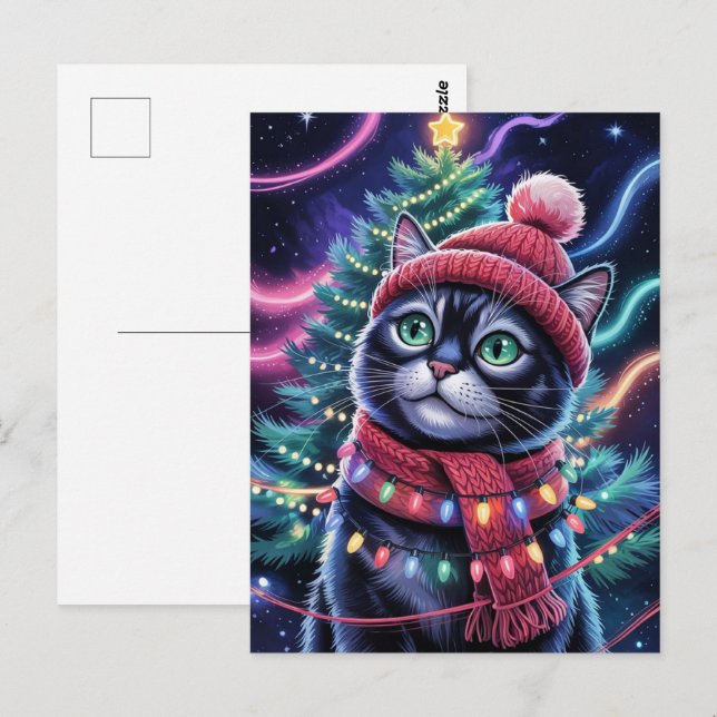 Söt svart katt kattunge jul vinter semester      vykort (Fram/baksida)