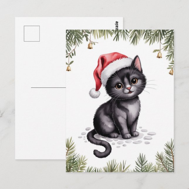 Söt svart katt kattunge jul vinter semester      vykort (Fram/baksida)