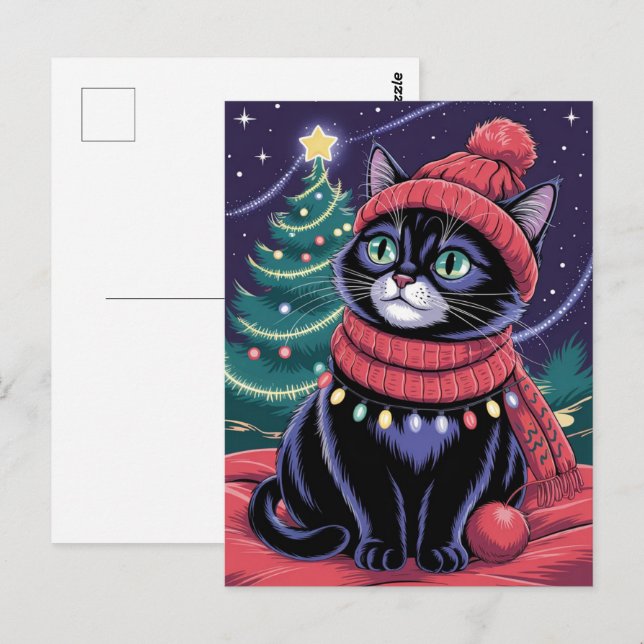 Söt svart katt kattunge jul vinter semester      vykort (Fram/baksida)