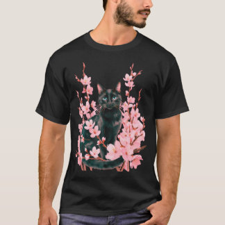 Söt svart katt körsbärsblom japansk sakura katt t shirt
