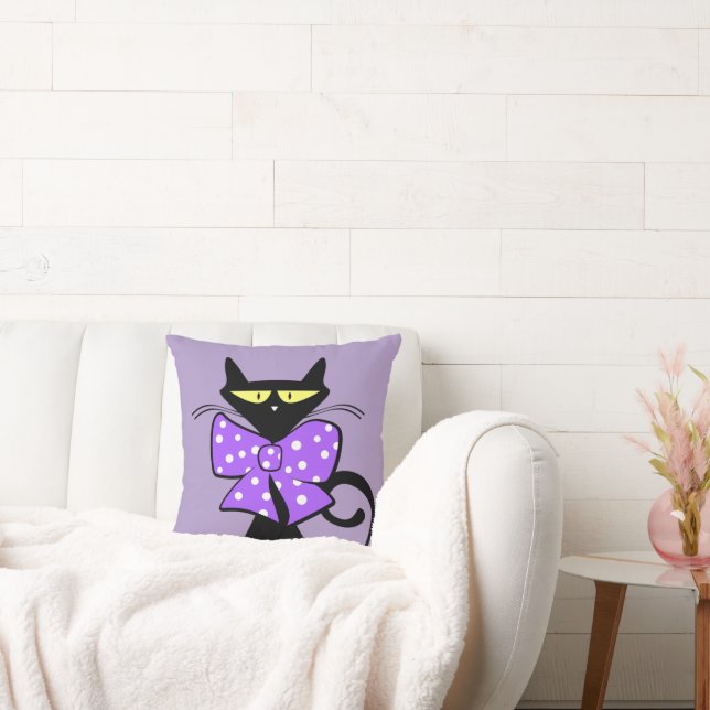 Söt svart katt lila båge prickig kastkudde kudde (Soffa)
