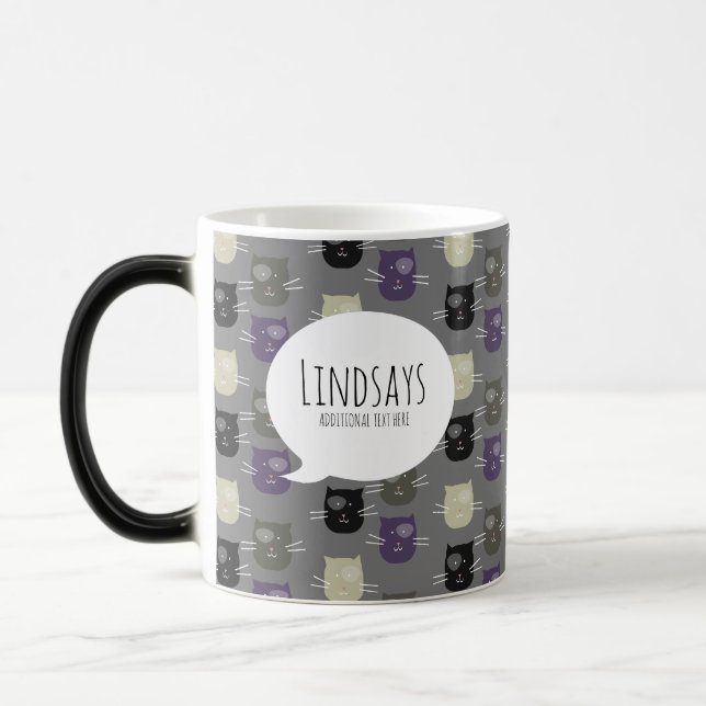Söt svart katt lila grå svart kaffemugg (Vänster)