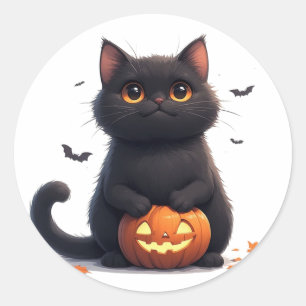 Söt Svart Katt Magi Halloween Tema 🎃 Runt Klistermärke