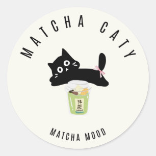 Söt svart katt Matcha-dekal Matcha Caty Runt Klistermärke