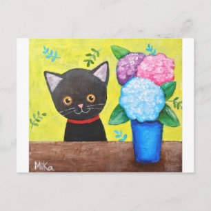 Söt svart katt med blommor Kitty Cat folkkonst Vykort