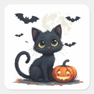 Söt svart katt med fladdermöss Halloween 🎃 Fyrkantigt Klistermärke