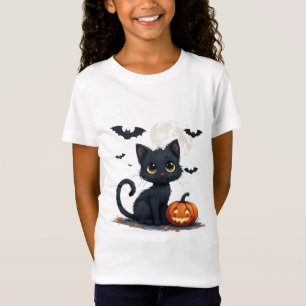 Söt svart katt med fladdermöss Halloween 🎃 T Shirt