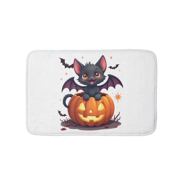 Söt svart katt med fladdermusvingar Jack O Lantern Badrumsmatta (Framsidan)