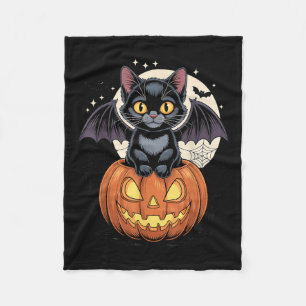 Söt svart katt med fladdermusvingar Jack O Lantern Fleecefilt